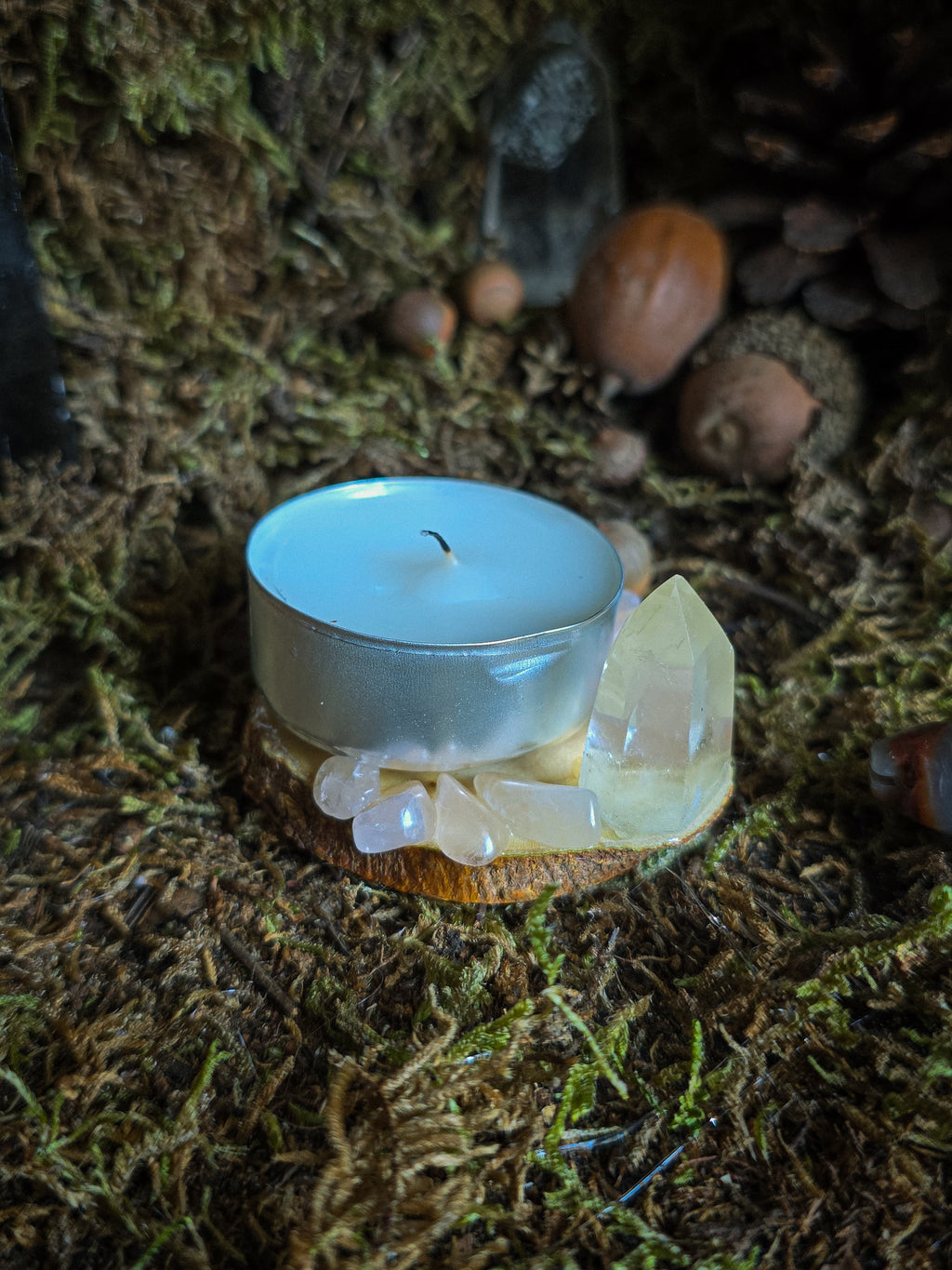 Mini Quartz Tower with Rose Quartz Chips Half Tealight Holder