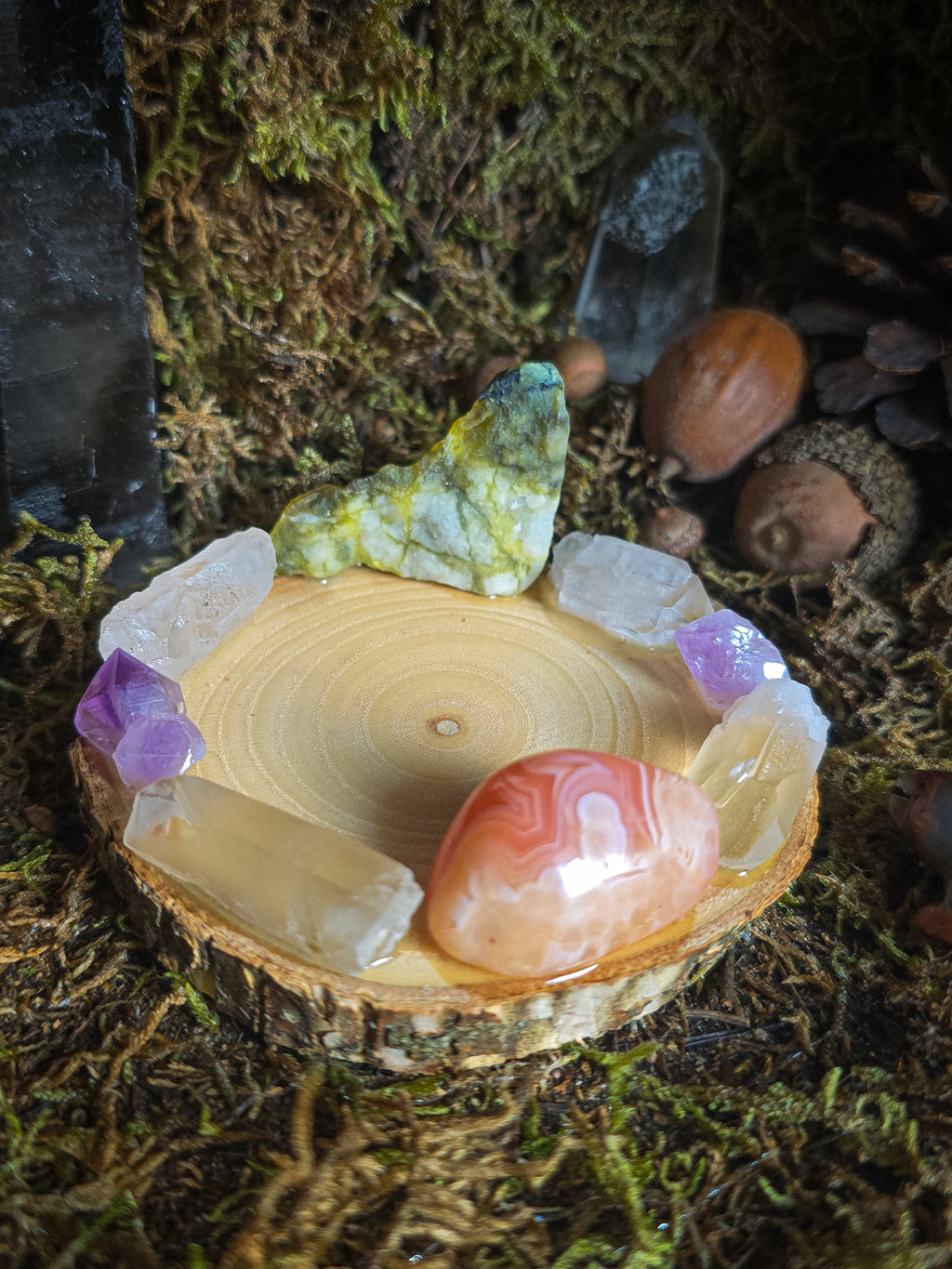Raw Serpentine and Tumbled Rhodochrosite Tealight Holder