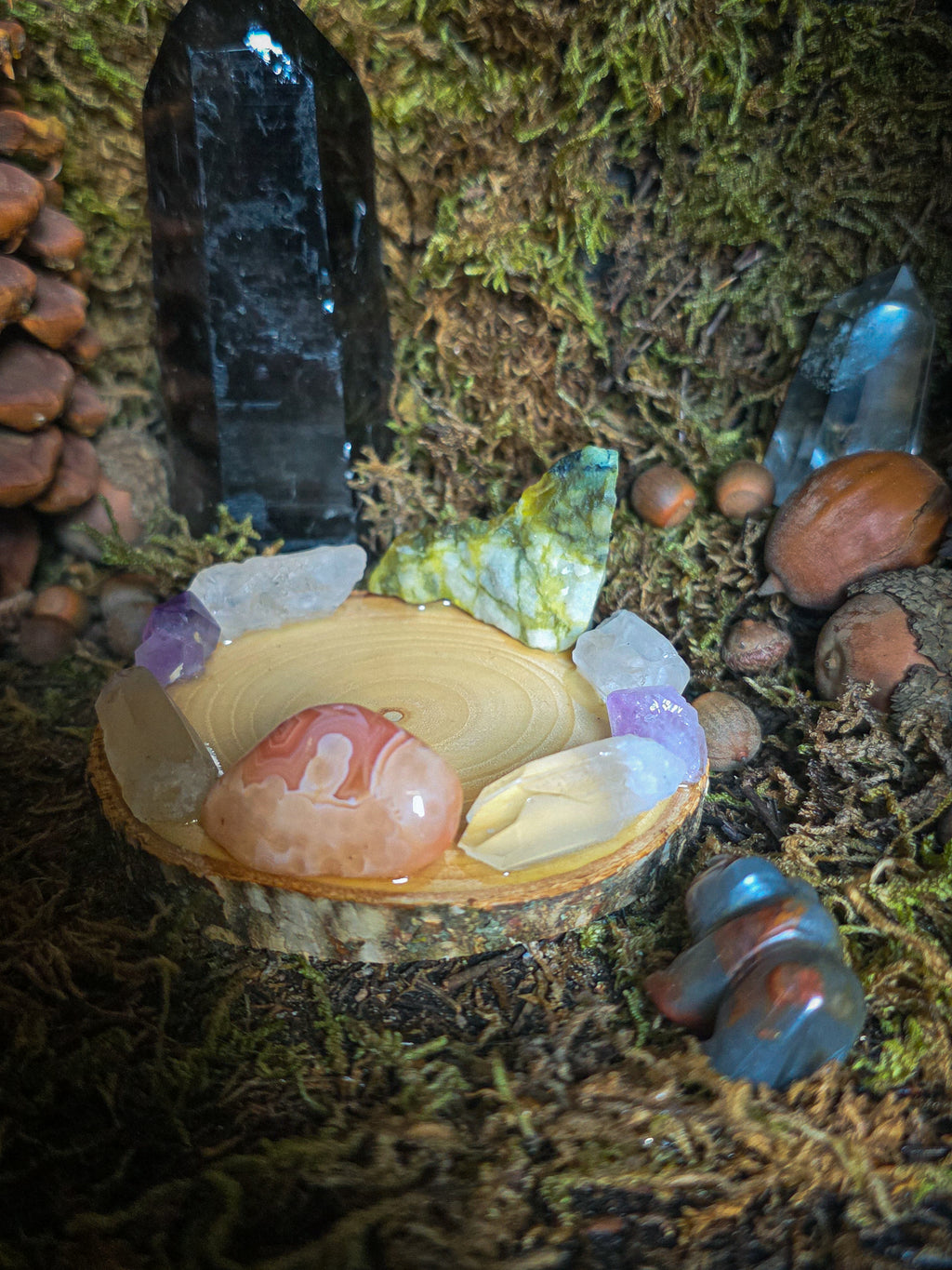 Raw Serpentine and Tumbled Rhodochrosite Tealight Holder