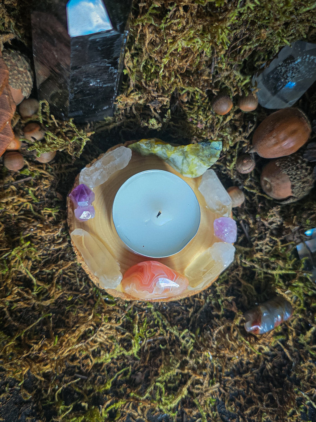 Raw Serpentine and Tumbled Rhodochrosite Tealight Holder