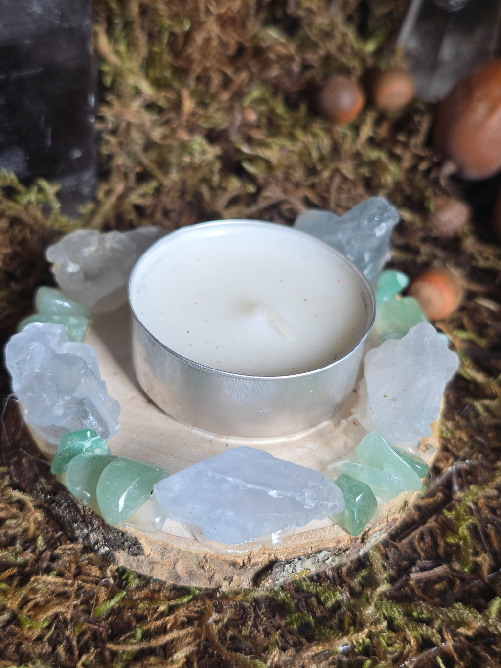 Raw Celestite with Green Aventurine Tealight Holder