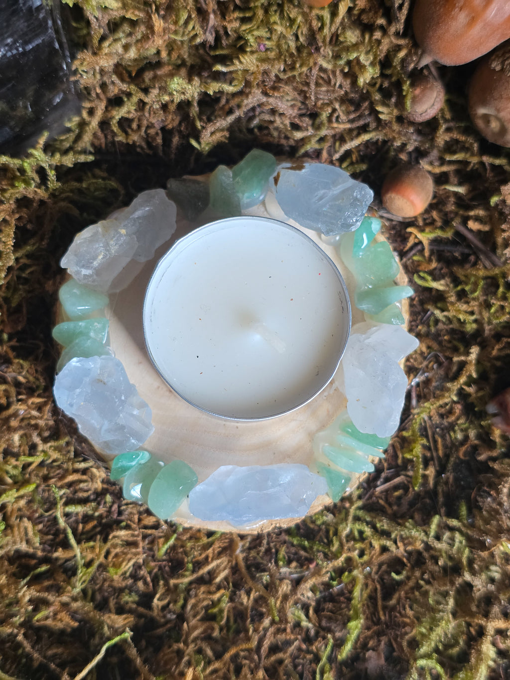 Raw Celestite with Green Aventurine Tealight Holder